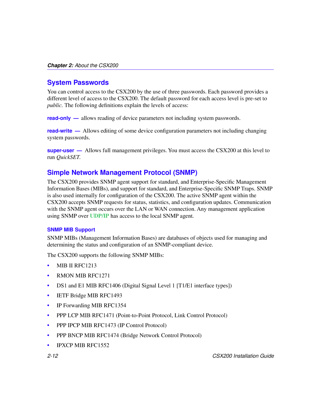 Cabletron Systems CSX200 manual System Passwords, Simple Network Management Protocol Snmp 