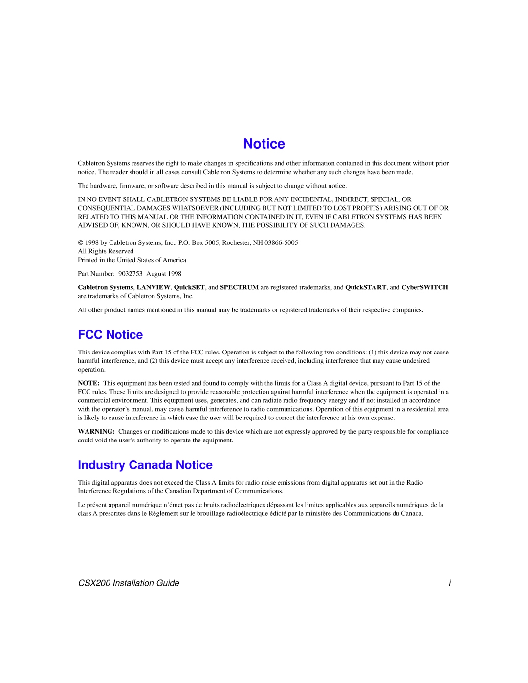 Cabletron Systems CSX200 manual FCC Notice 