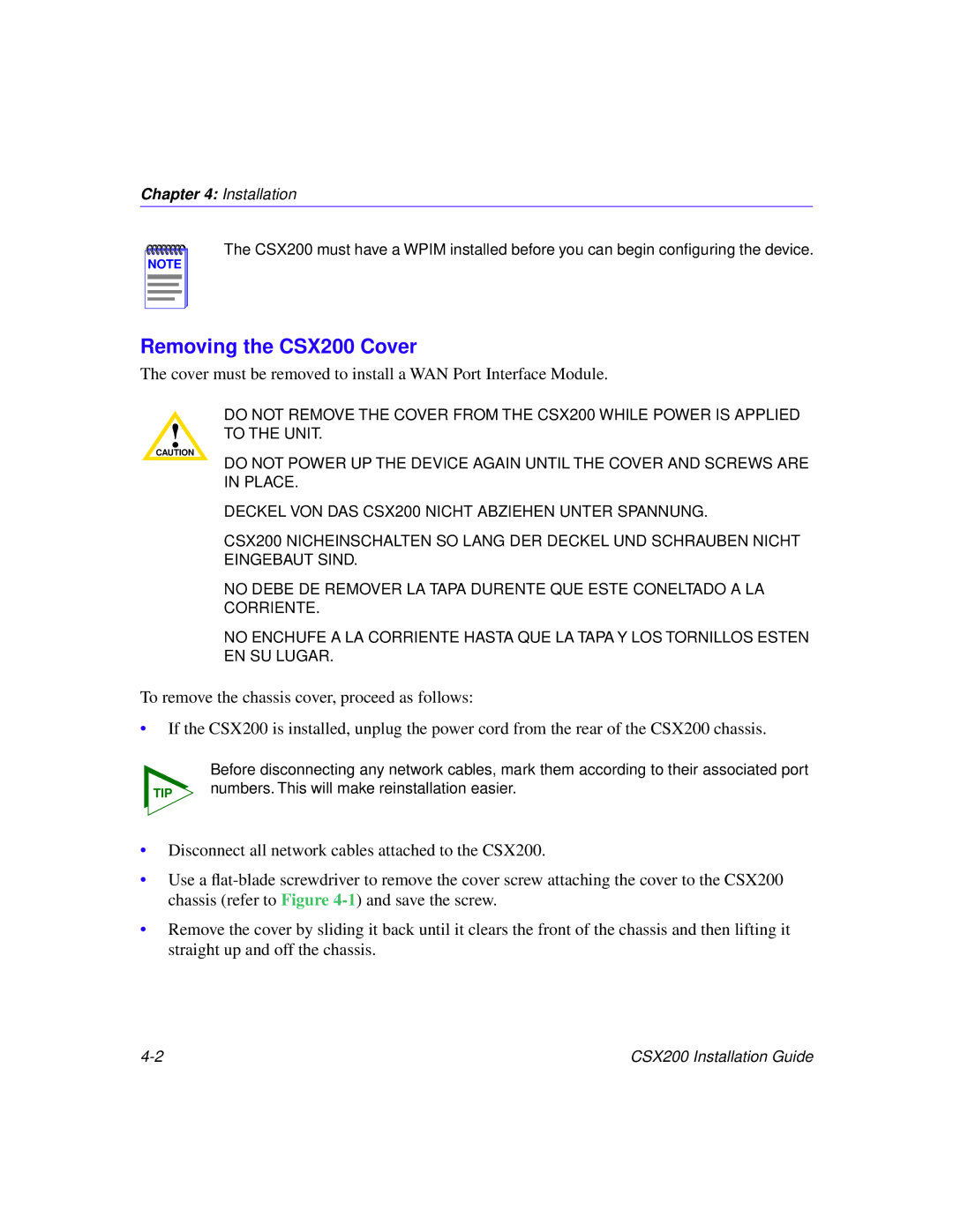 Cabletron Systems manual Removing the CSX200 Cover 