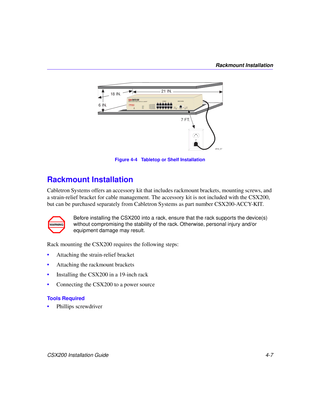 Cabletron Systems CSX200 manual Rackmount Installation, Tabletop or Shelf Installation 