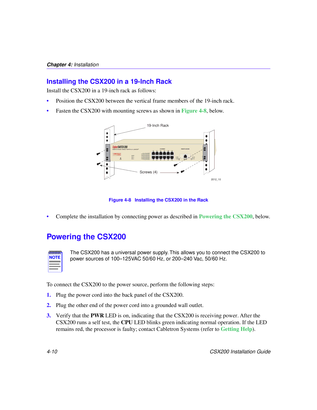 Cabletron Systems manual Powering the CSX200, Installing the CSX200 in a 19-Inch Rack 