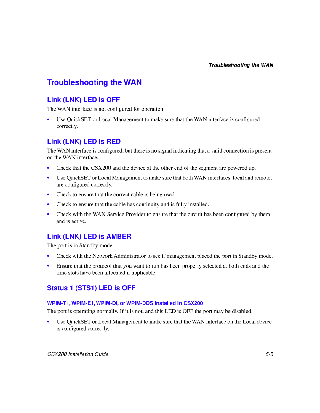 Cabletron Systems CSX200 Troubleshooting the WAN, Link LNK LED is RED, Link LNK LED is Amber, Status 1 STS1 LED is OFF 
