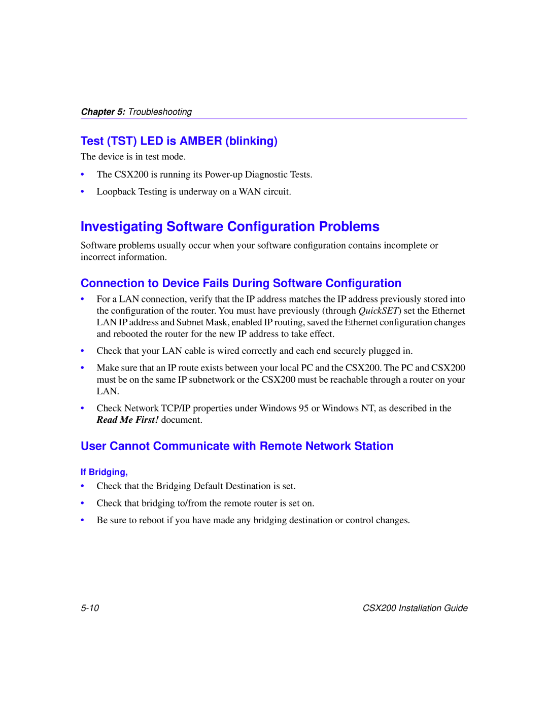 Cabletron Systems CSX200 manual Investigating Software Conﬁguration Problems, Test TST LED is Amber blinking 