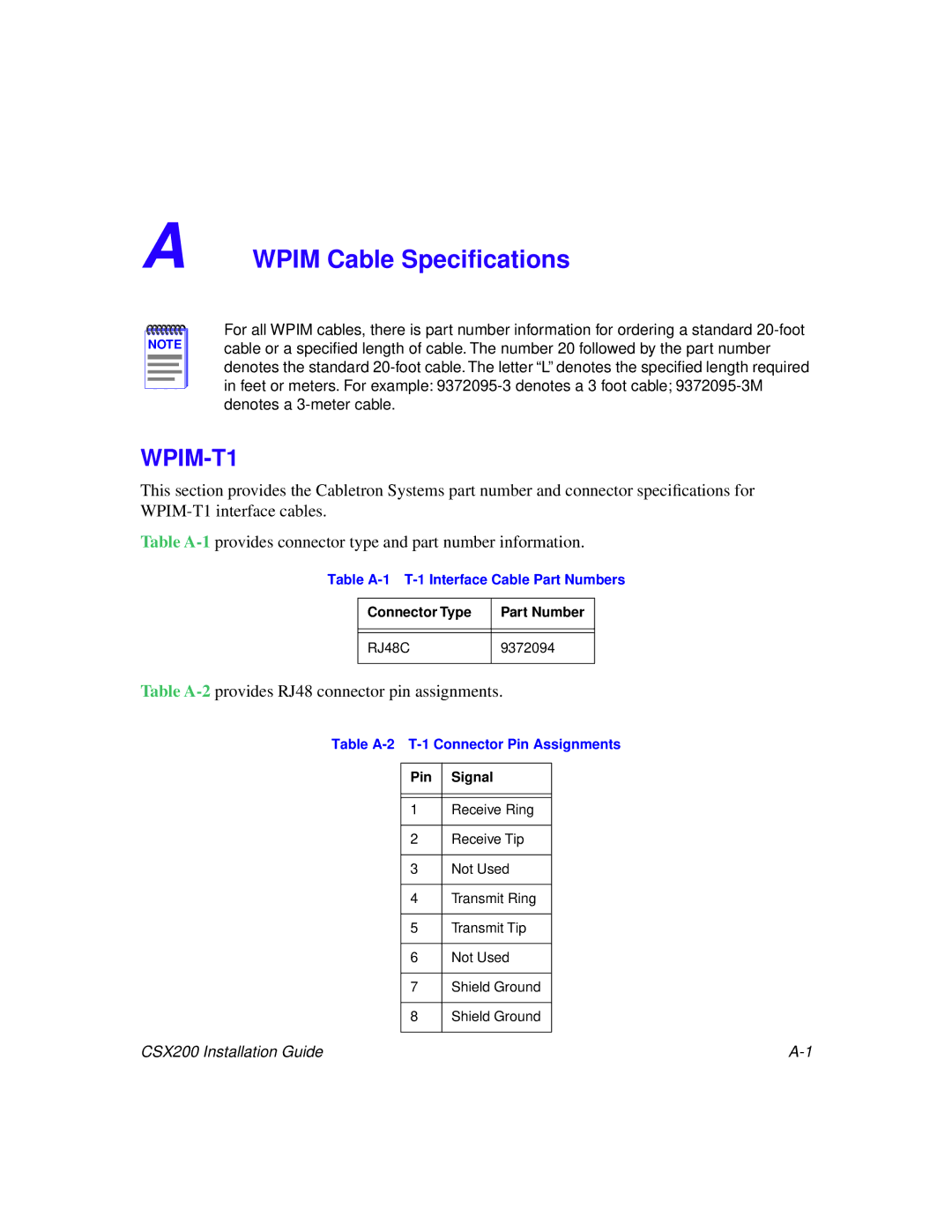 Cabletron Systems CSX200 manual Table A-1 T-1 Interface Cable Part Numbers, Table A-2 T-1 Connector Pin Assignments 