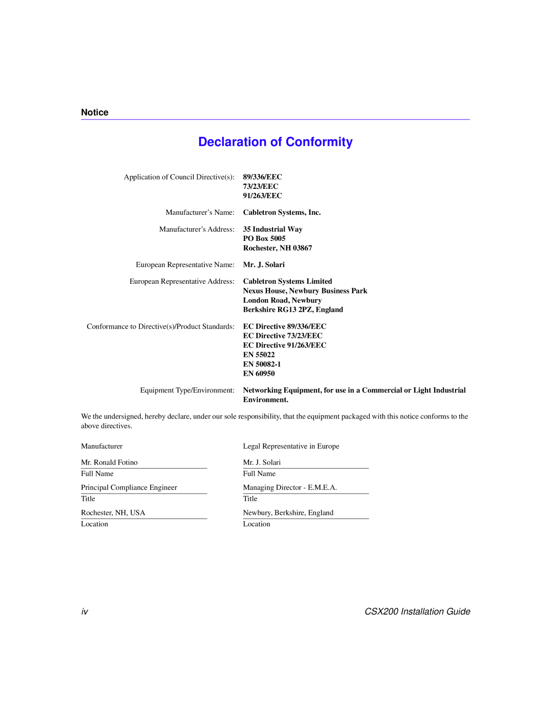 Cabletron Systems CSX200 manual Declaration of Conformity 