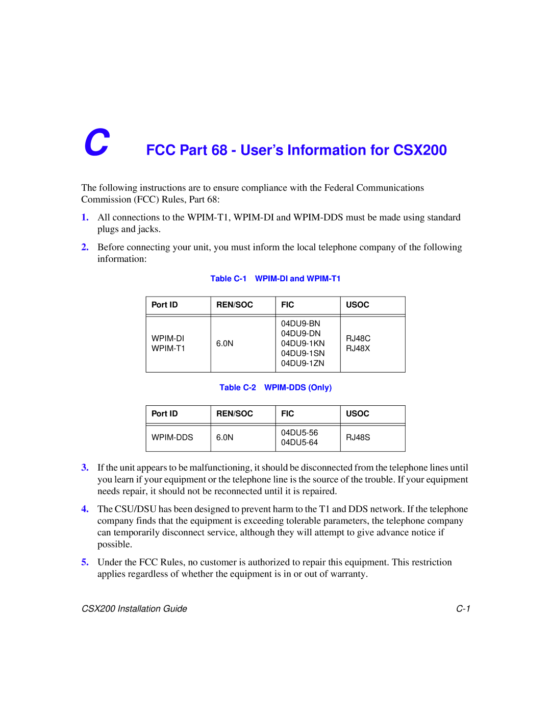 Cabletron Systems CSX200 manual Table C-1 WPIM-DI and WPIM-T1, Table C-2 WPIM-DDS Only 