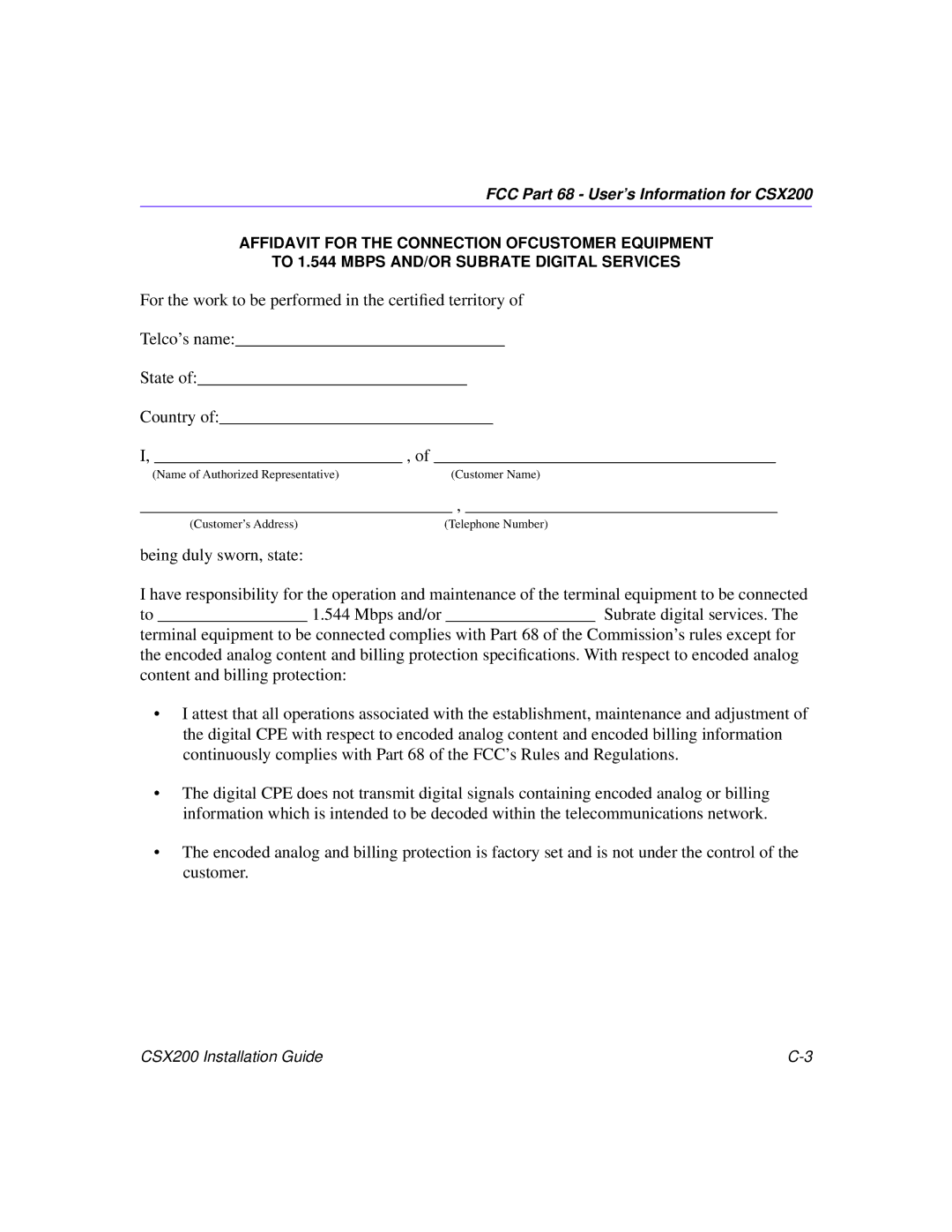 Cabletron Systems manual FCC Part 68 User’s Information for CSX200 