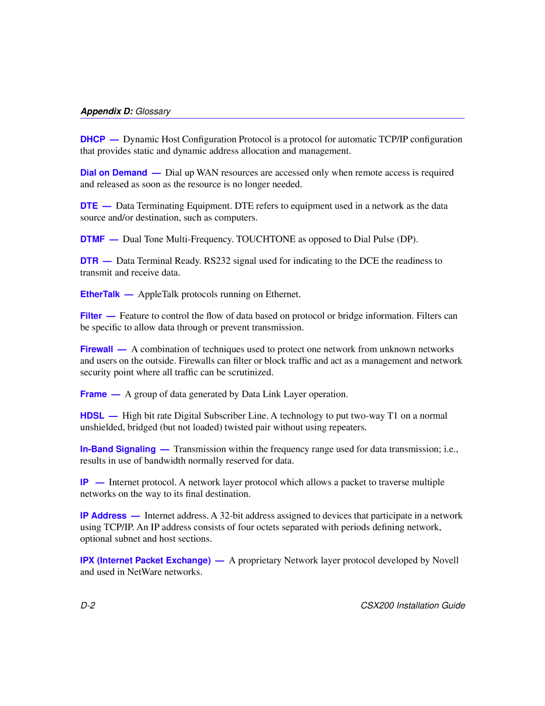 Cabletron Systems CSX200 manual Appendix D Glossary 