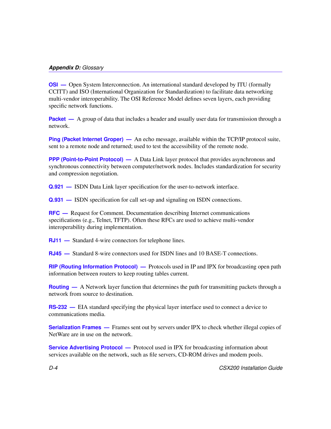 Cabletron Systems CSX200 manual Appendix D Glossary 