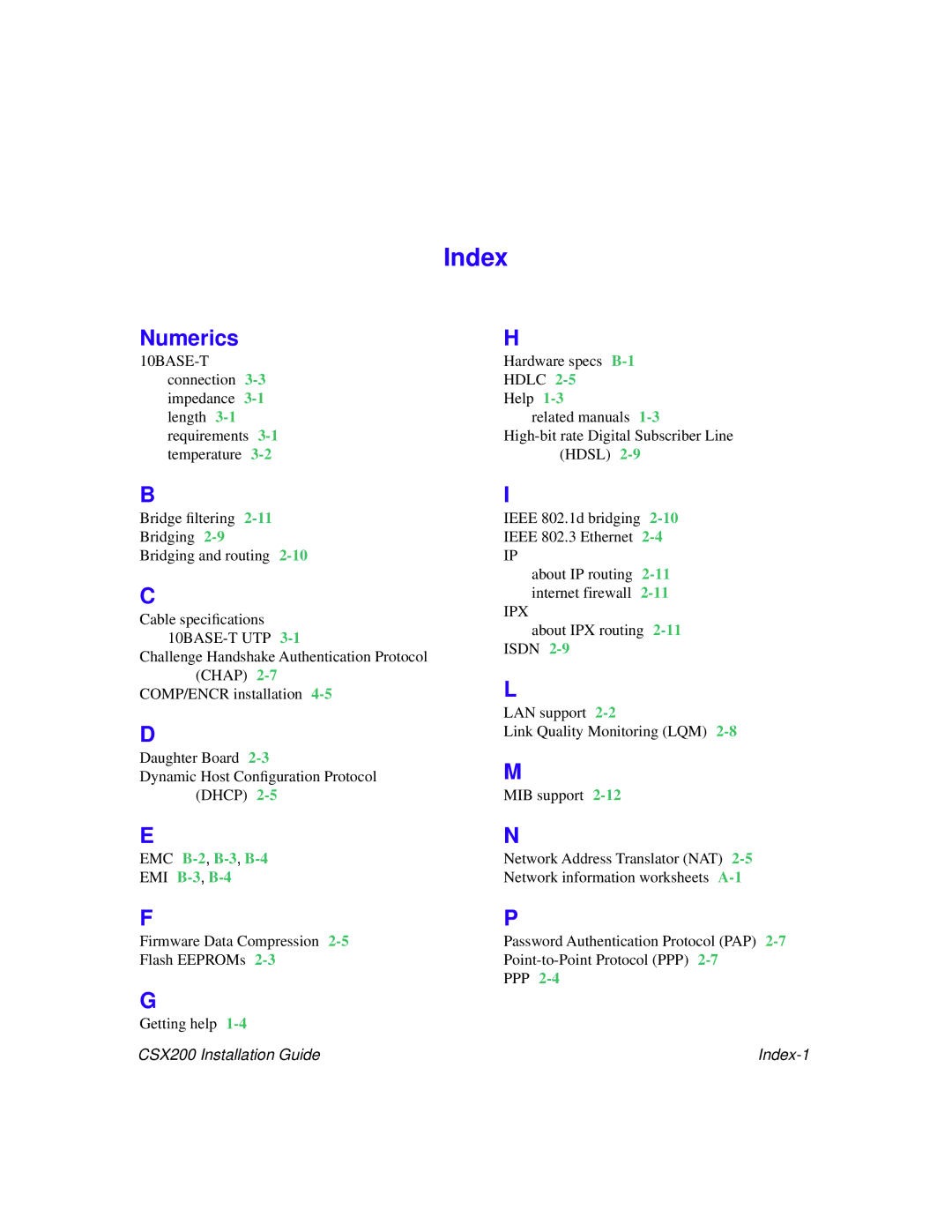 Cabletron Systems CSX200 manual Index 