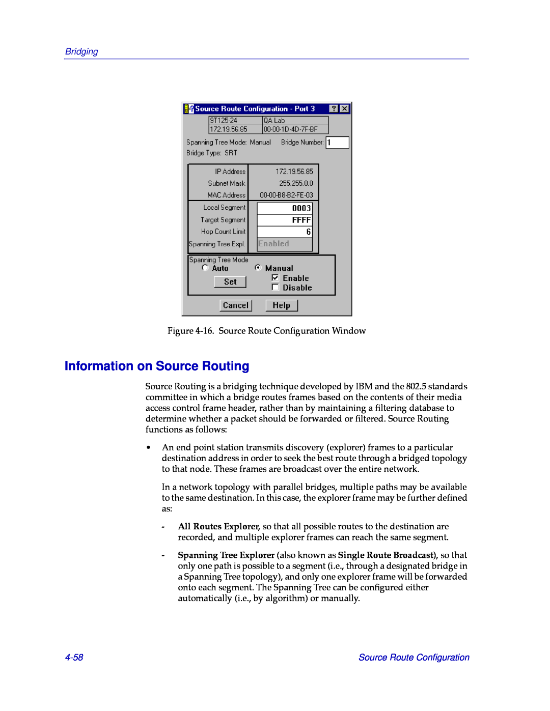 Cabletron Systems CSX400, CSX200 manual Information on Source Routing, 4-58, Bridging, Source Route Conﬁguration 