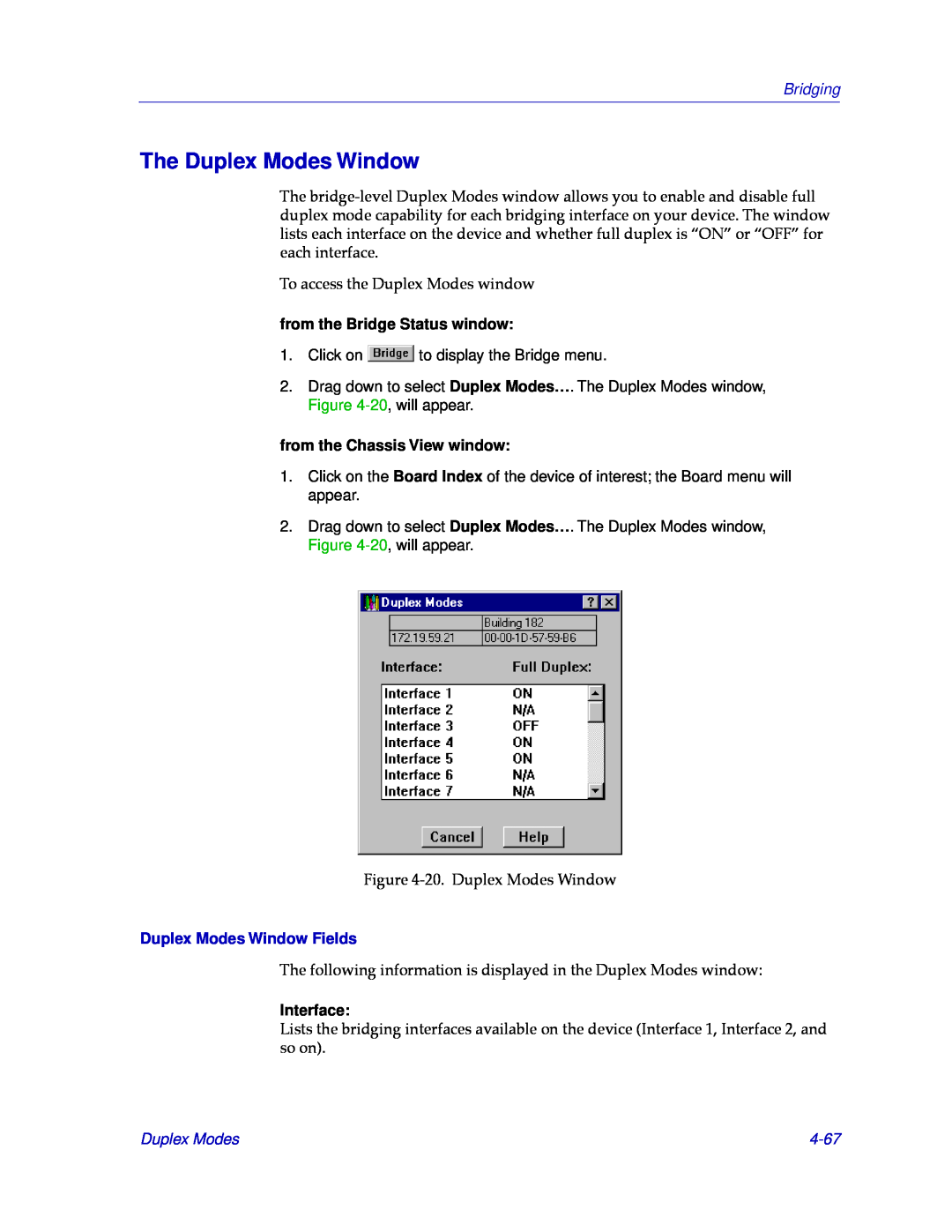 Cabletron Systems CSX200, CSX400 manual The Duplex Modes Window, Duplex Modes Window Fields, Interface, 4-67, Bridging 