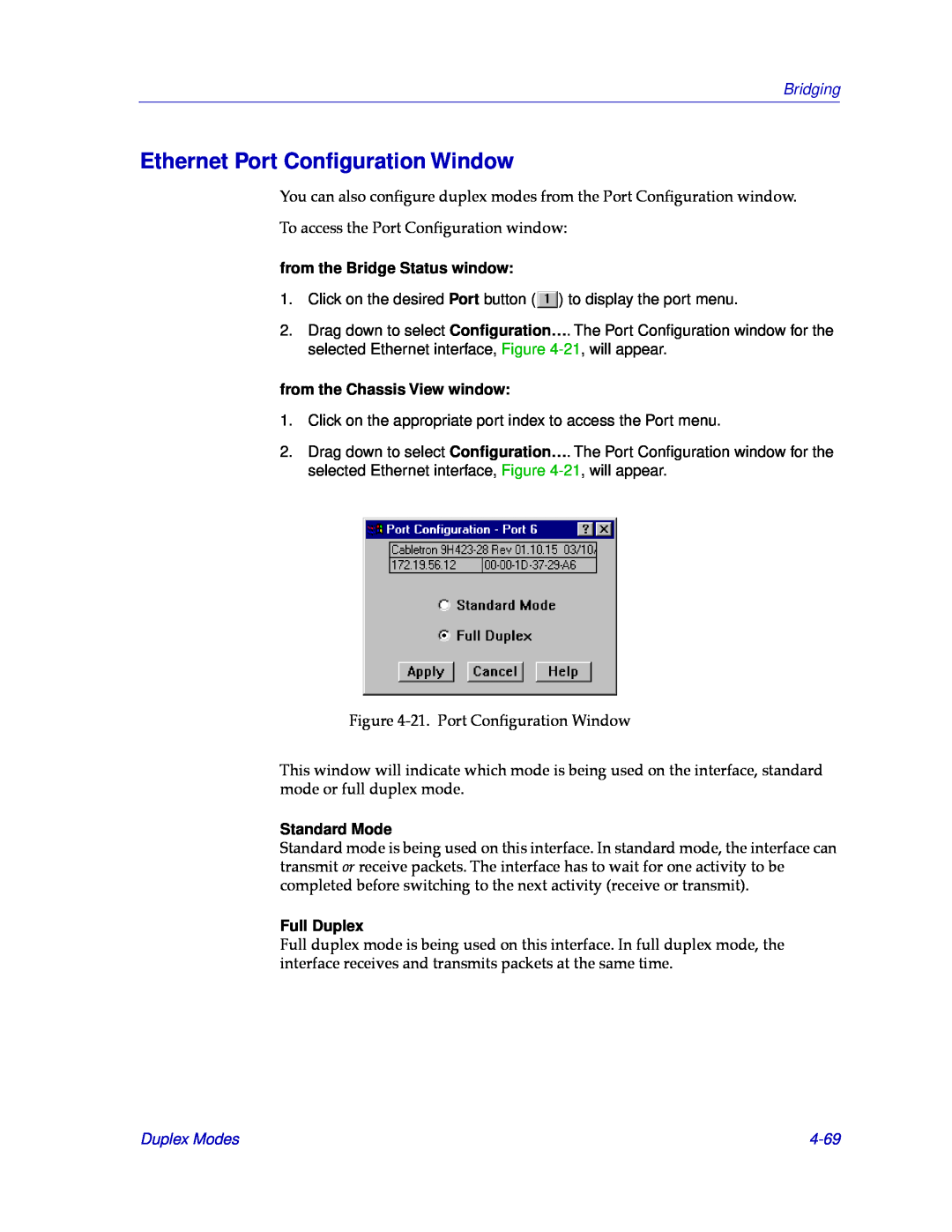 Cabletron Systems CSX200 Ethernet Port Conﬁguration Window, Standard Mode, 4-69, Bridging, from the Bridge Status window 