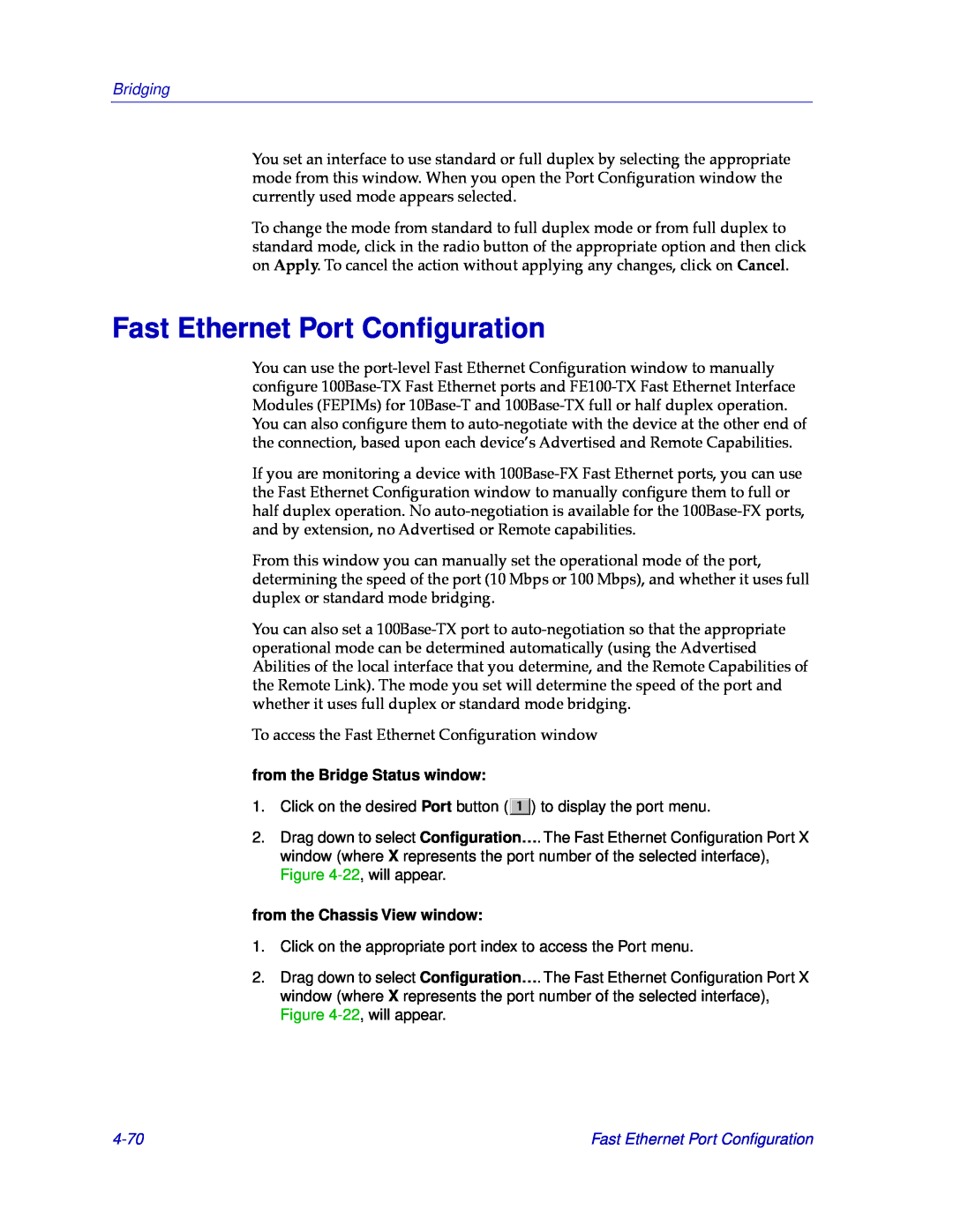 Cabletron Systems CSX400, CSX200 manual Fast Ethernet Port Conﬁguration, 4-70, Bridging, from the Bridge Status window 