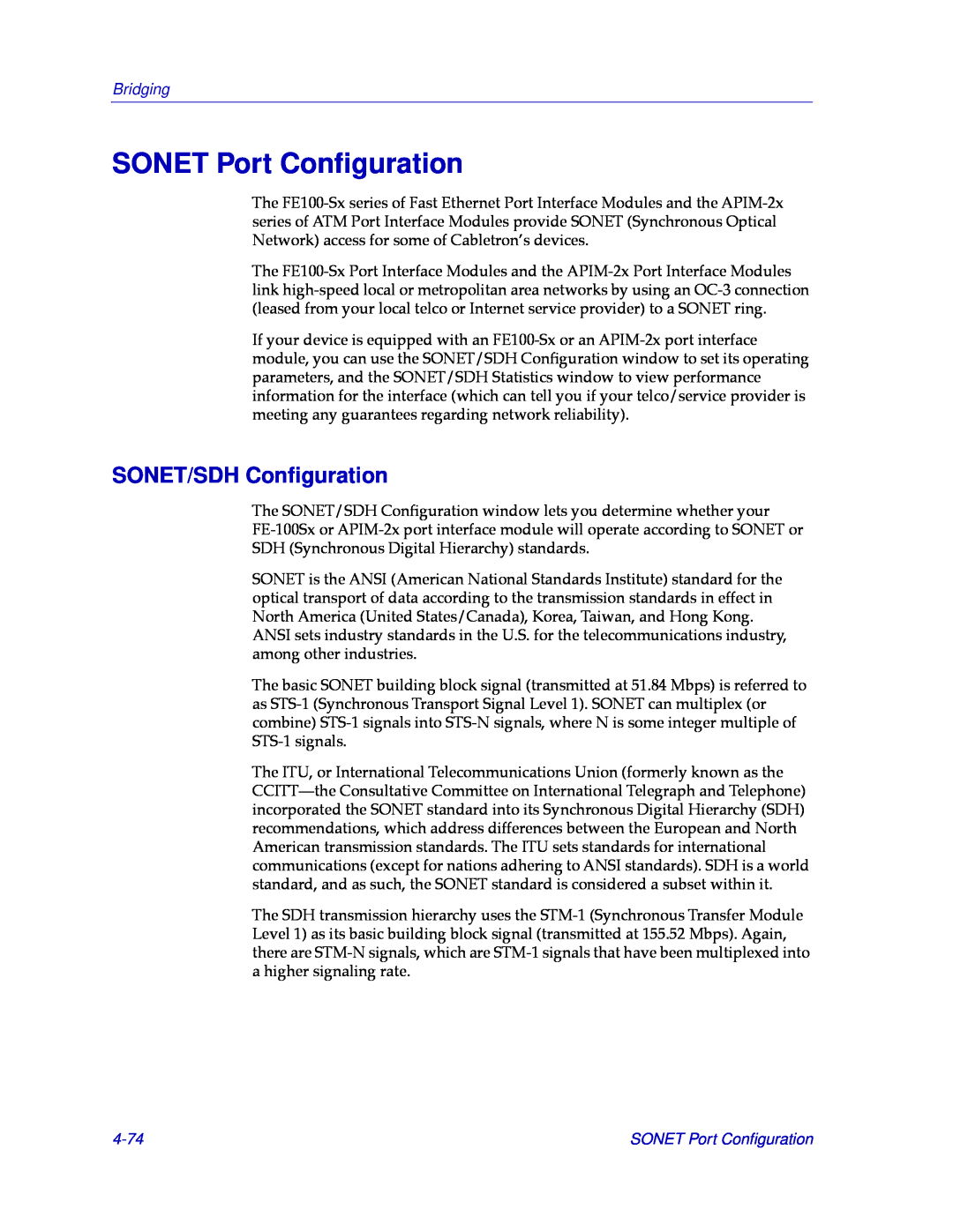 Cabletron Systems CSX400, CSX200 manual SONET Port Conﬁguration, SONET/SDH Conﬁguration, 4-74, Bridging 