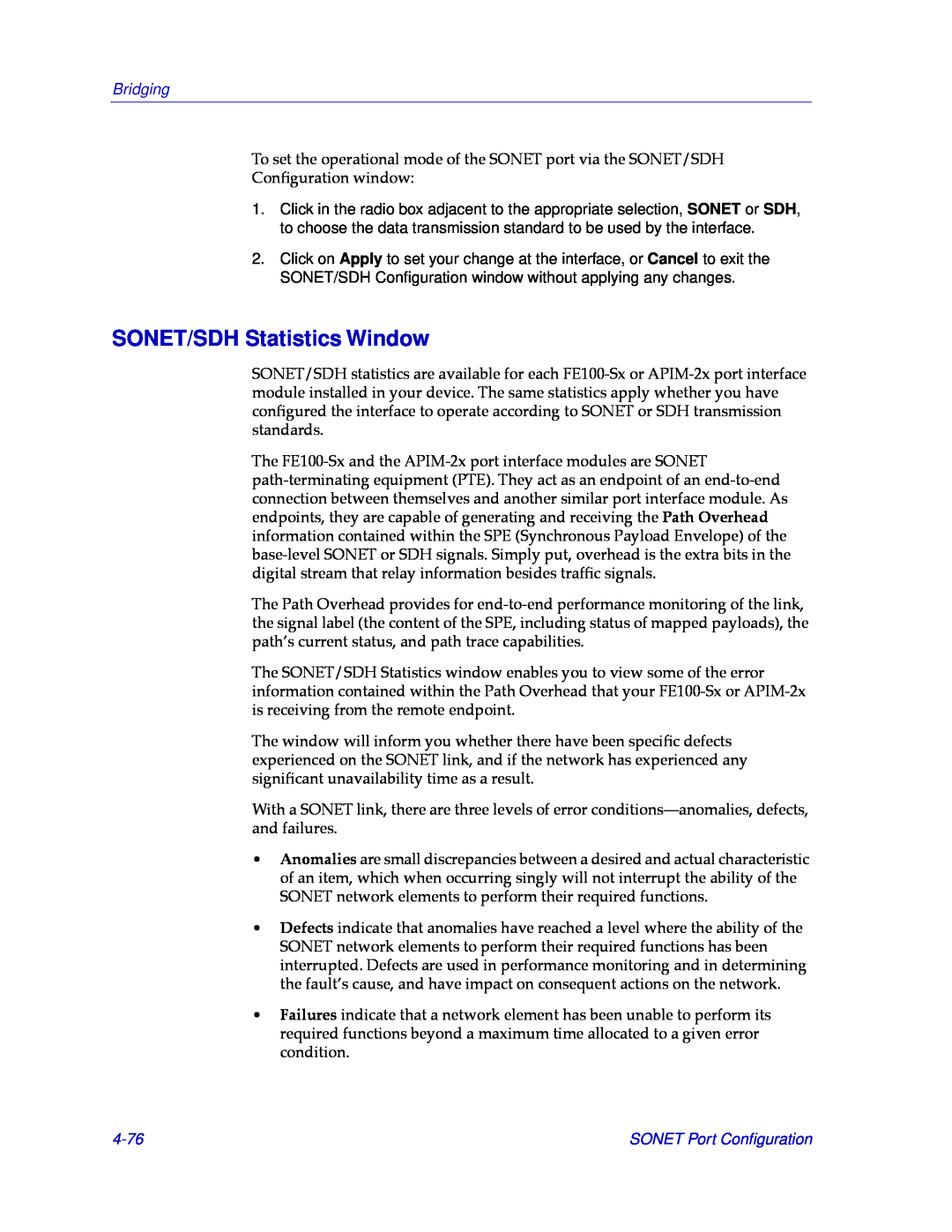 Cabletron Systems CSX400, CSX200 manual SONET/SDH Statistics Window, 4-76, Bridging, SONET Port Conﬁguration 