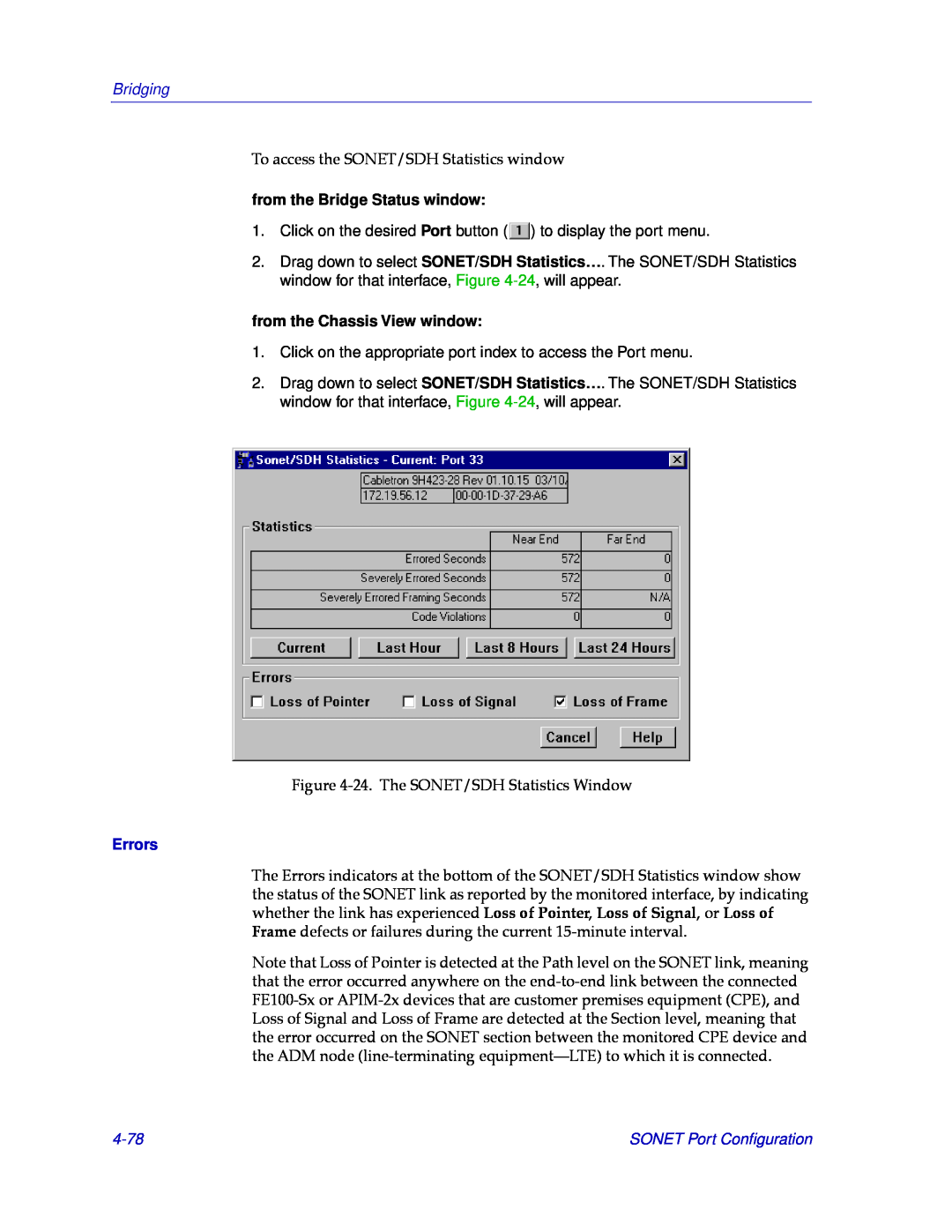 Cabletron Systems CSX400, CSX200 manual 4-78, Bridging, from the Bridge Status window, from the Chassis View window, Errors 