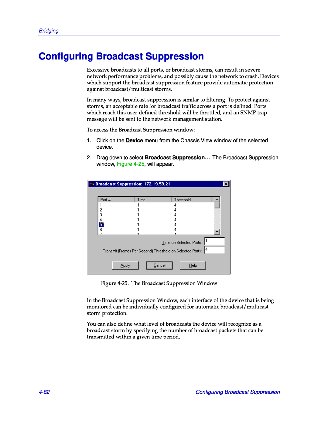 Cabletron Systems CSX400, CSX200 manual Conﬁguring Broadcast Suppression, 4-82, Bridging 