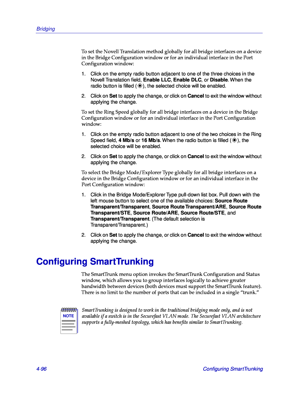 Cabletron Systems CSX400, CSX200 manual Conﬁguring SmartTrunking, 4-96, Bridging 