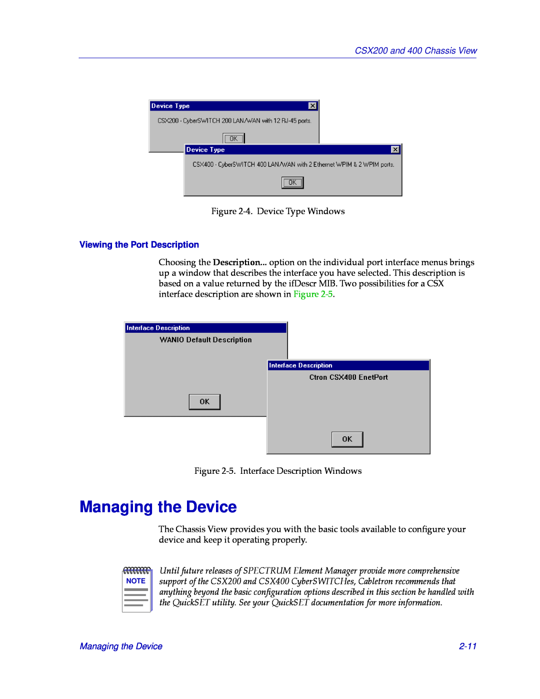 Cabletron Systems CSX400 manual Managing the Device, Viewing the Port Description, 2-11, CSX200 and 400 Chassis View 