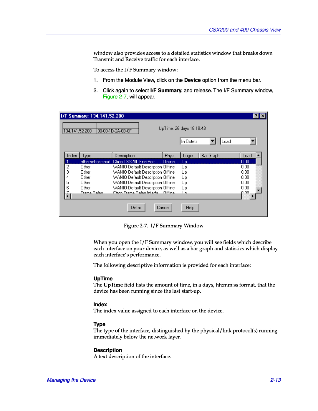 Cabletron Systems CSX400 manual Index, Type, Description, 2-13, CSX200 and 400 Chassis View, UpTime, Managing the Device 