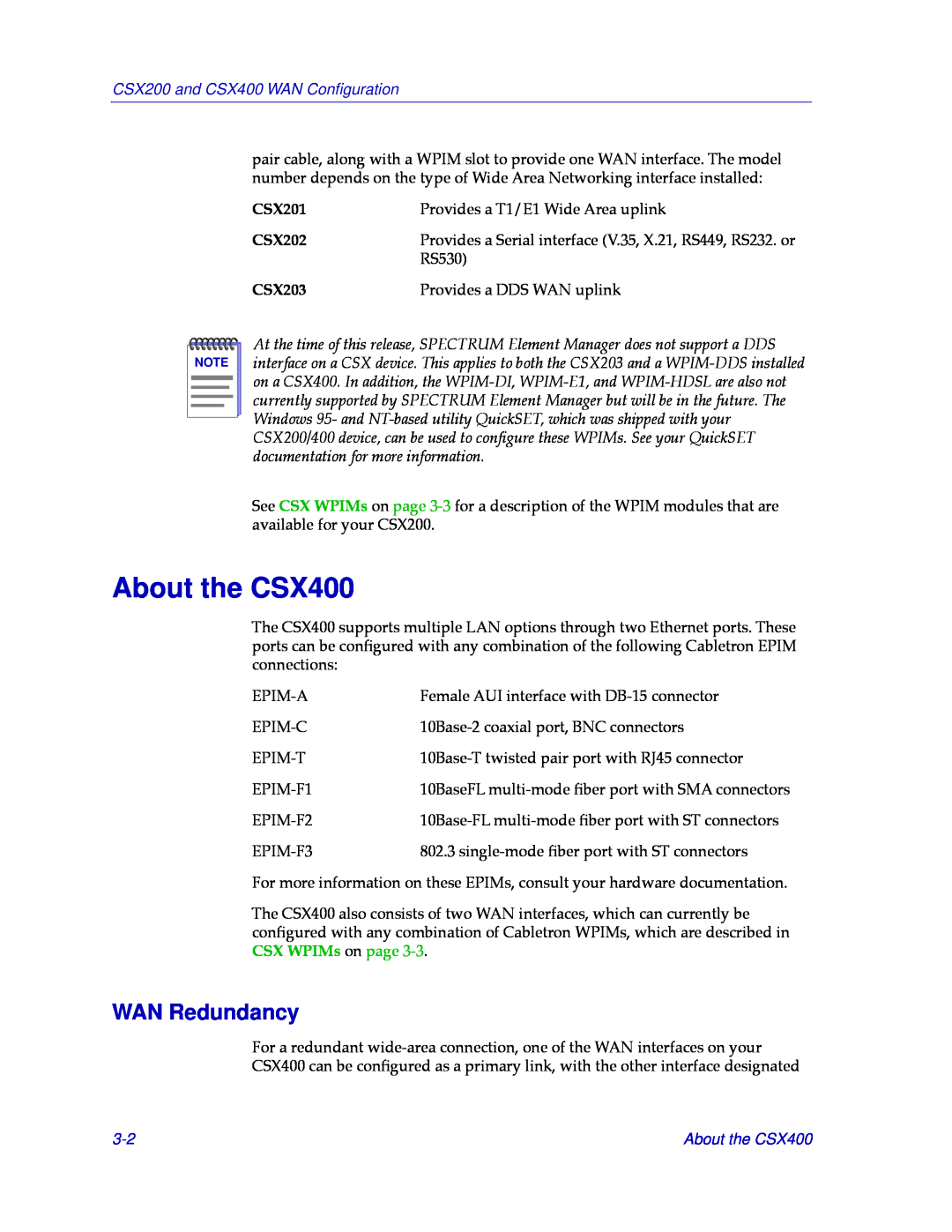 Cabletron Systems manual About the CSX400, WAN Redundancy, CSX200 and CSX400 WAN Conﬁguration 
