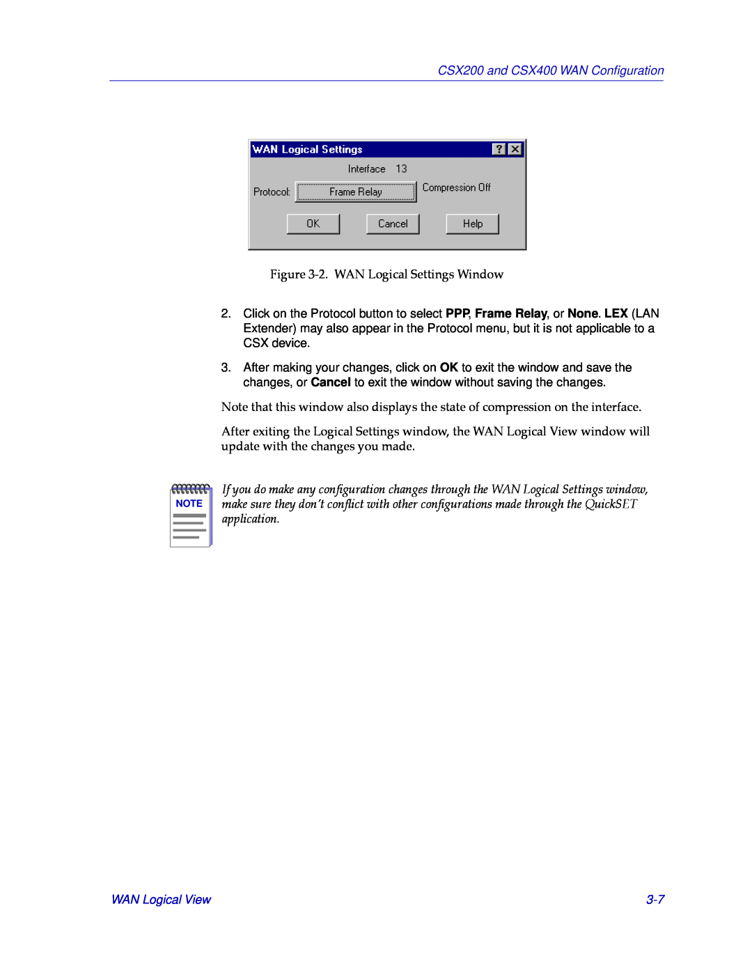 Cabletron Systems manual CSX200 and CSX400 WAN Conﬁguration, 2. WAN Logical Settings Window, WAN Logical View 