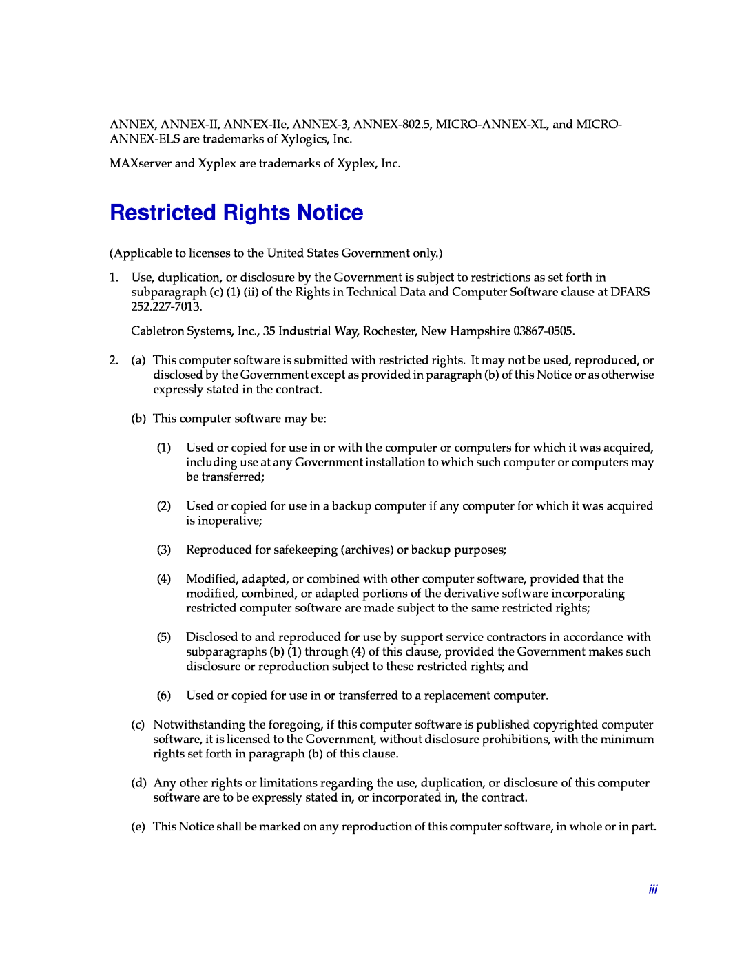 Cabletron Systems CSX200, CSX400 manual Restricted Rights Notice 