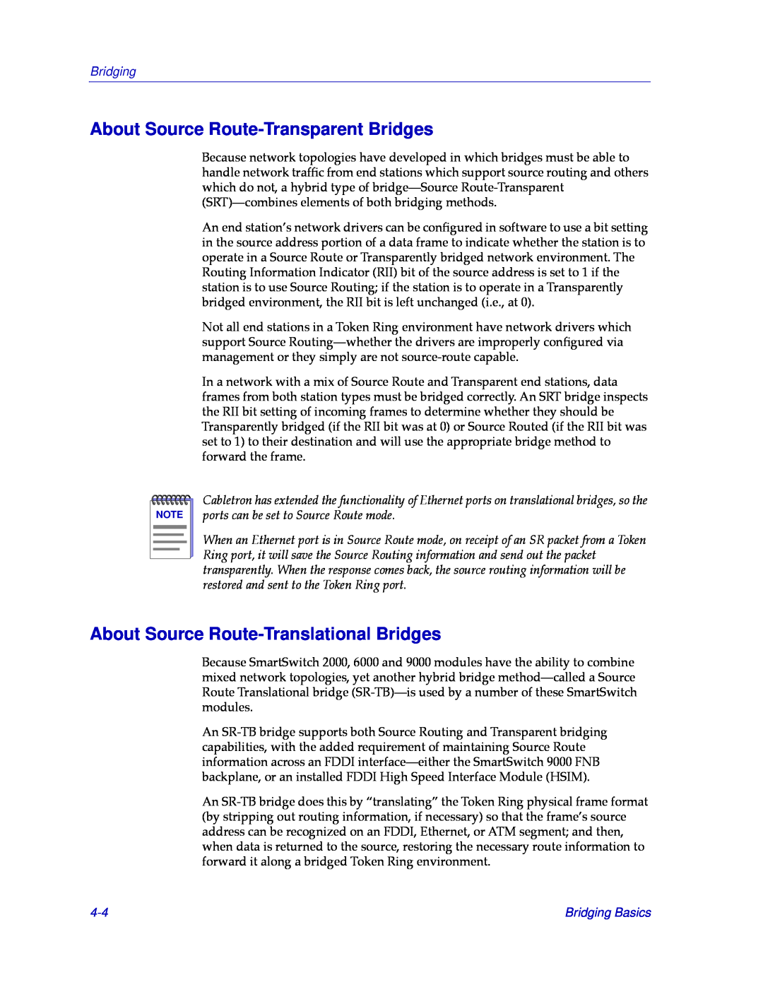 Cabletron Systems CSX400 manual About Source Route-Transparent Bridges, About Source Route-Translational Bridges, Bridging 