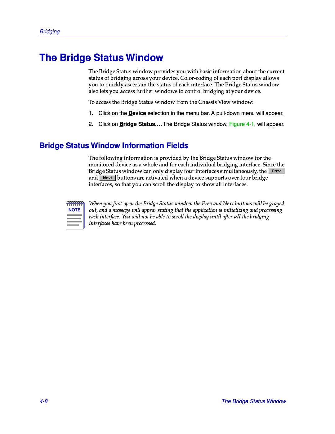 Cabletron Systems CSX400, CSX200 manual The Bridge Status Window, Bridge Status Window Information Fields, Bridging 