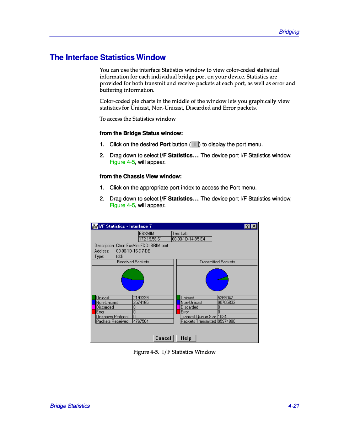 Cabletron Systems CSX200 The Interface Statistics Window, 4-21, Bridging, from the Bridge Status window, Bridge Statistics 