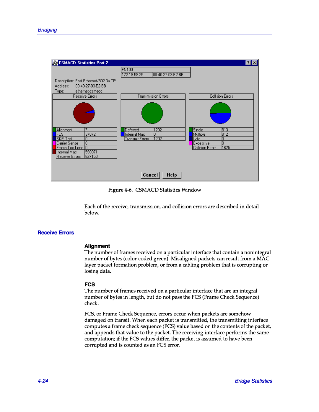 Cabletron Systems CSX400, CSX200 manual Receive Errors, Alignment, 4-24, Bridging, Bridge Statistics 
