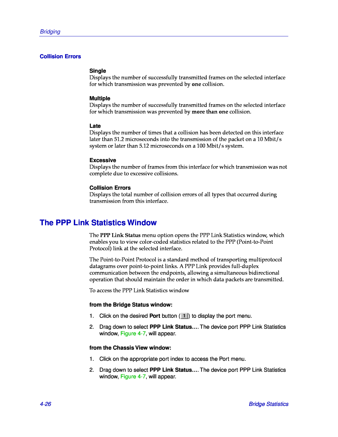 Cabletron Systems CSX400, CSX200 The PPP Link Statistics Window, Collision Errors, Single, Multiple, Late, Excessive, 4-26 