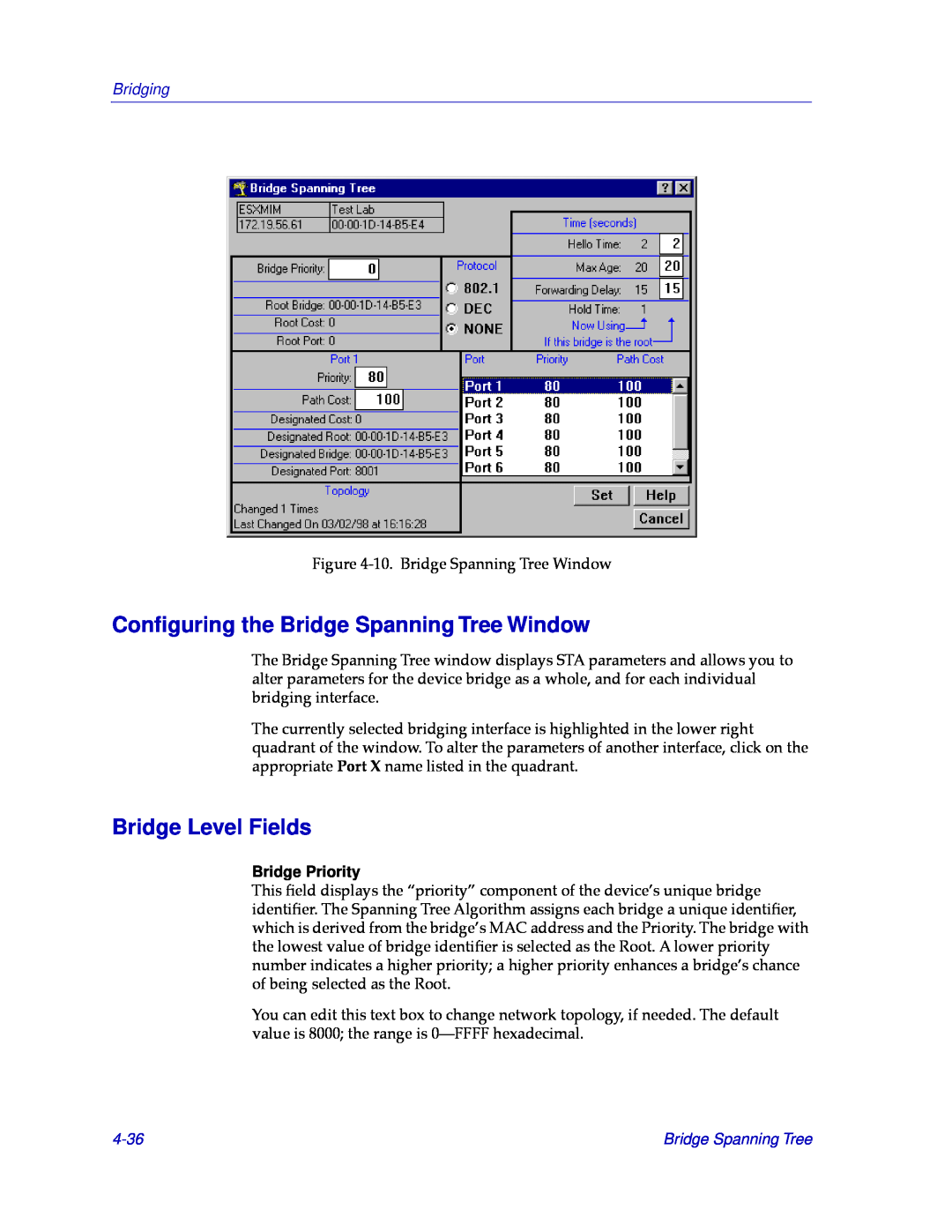 Cabletron Systems CSX400 Conﬁguring the Bridge Spanning Tree Window, Bridge Level Fields, Bridge Priority, 4-36, Bridging 