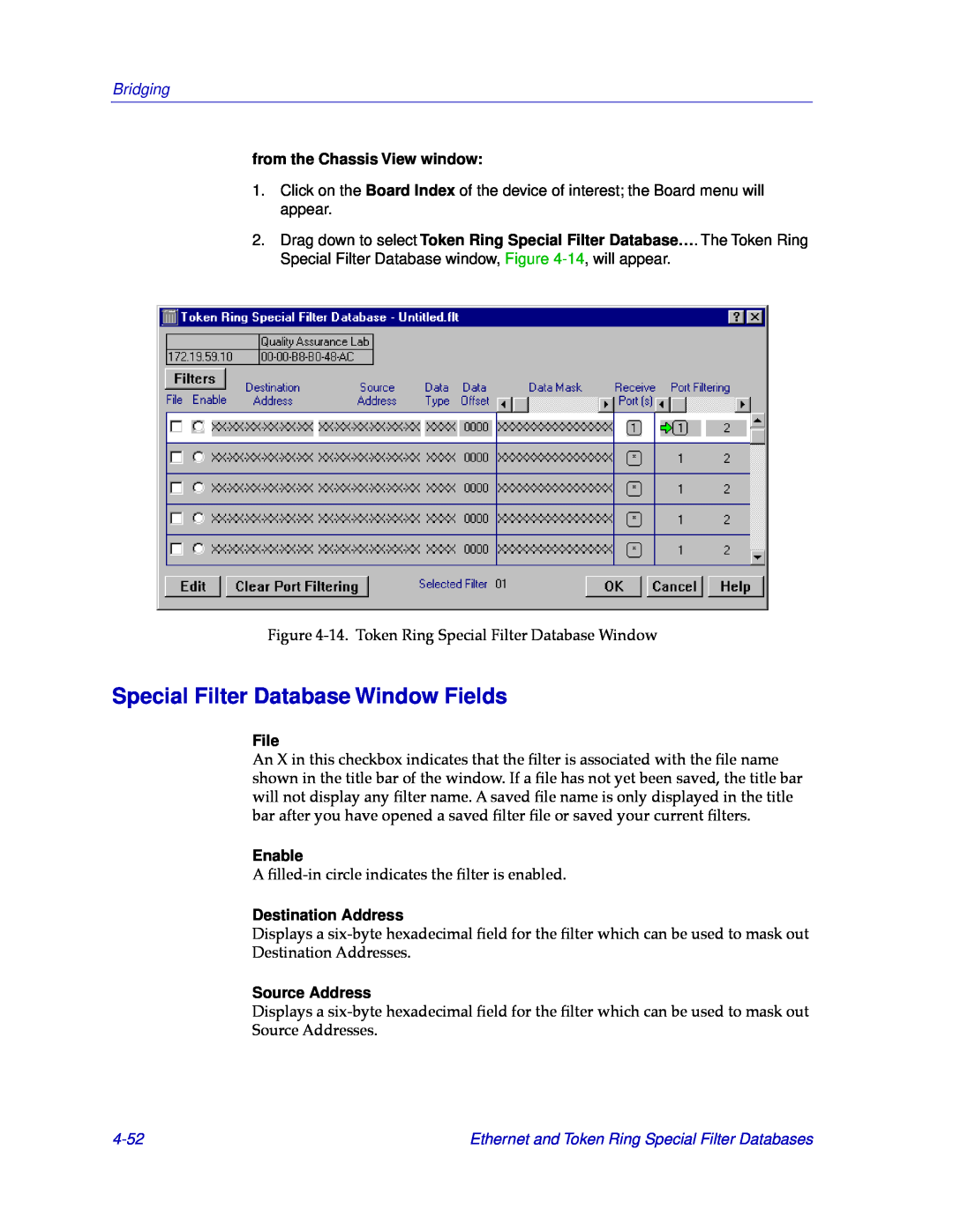 Cabletron Systems CSX400 Special Filter Database Window Fields, File, Enable, Destination Address, Source Address, 4-52 
