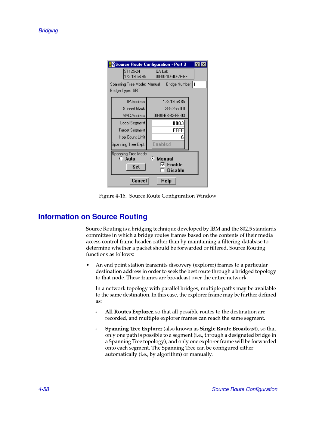 Cabletron Systems CSX400, CSX200 manual Information on Source Routing, Source Route ConÞguration Window 