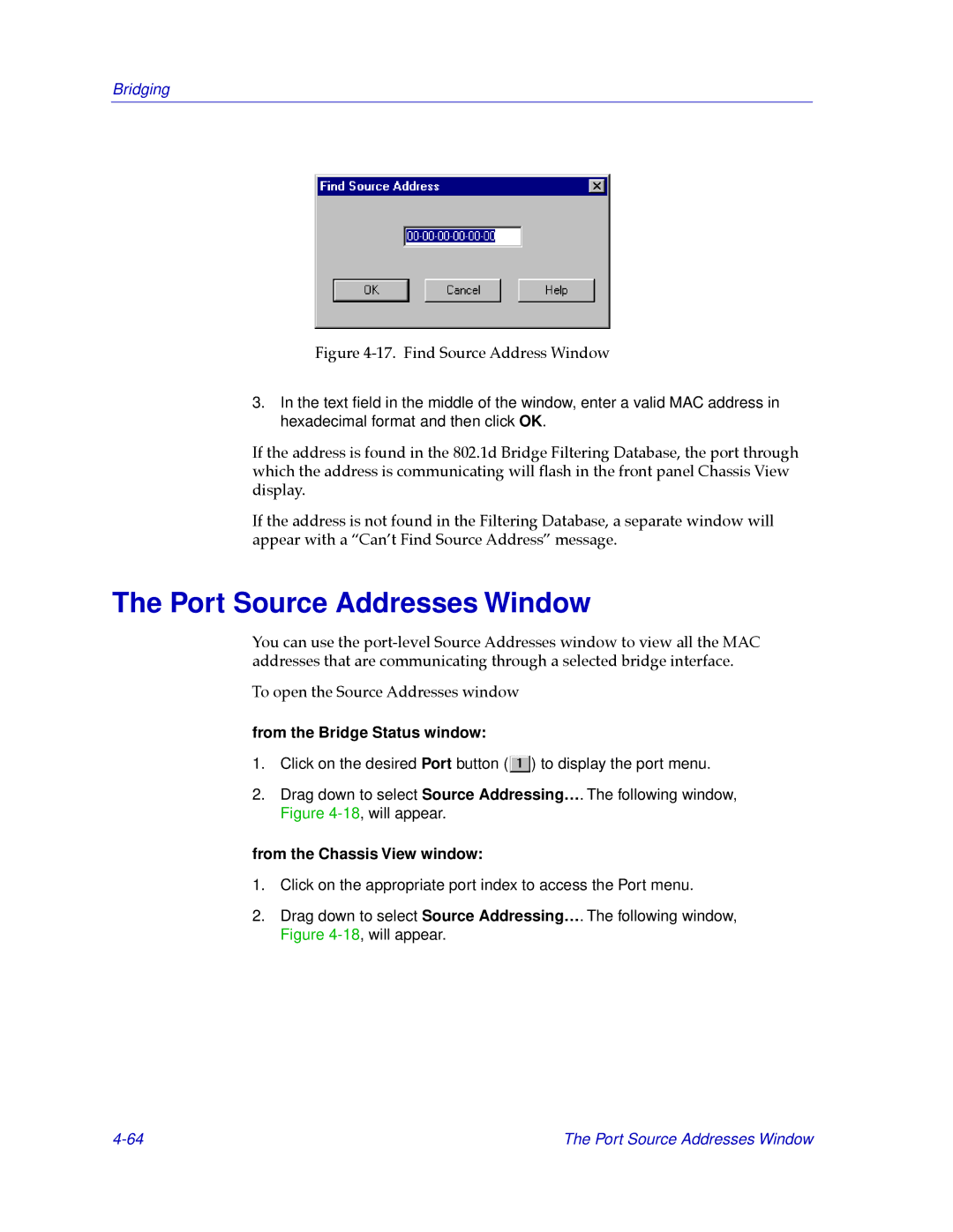 Cabletron Systems CSX400, CSX200 manual Port Source Addresses Window, From the Bridge Status window 