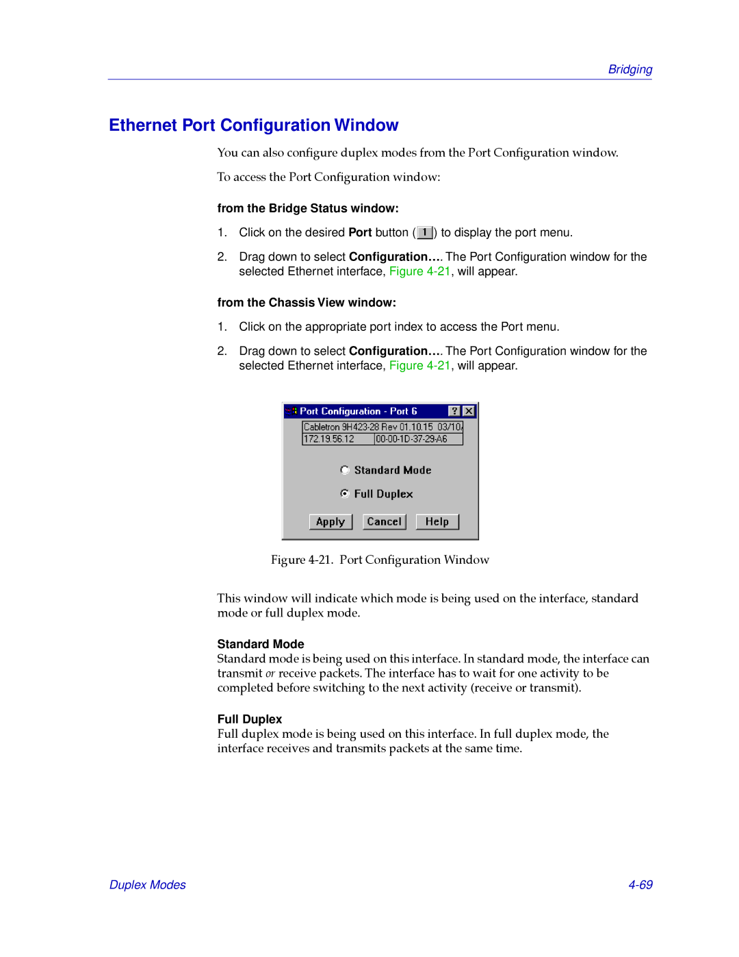 Cabletron Systems CSX200, CSX400 manual Ethernet Port Conﬁguration Window, Standard Mode 