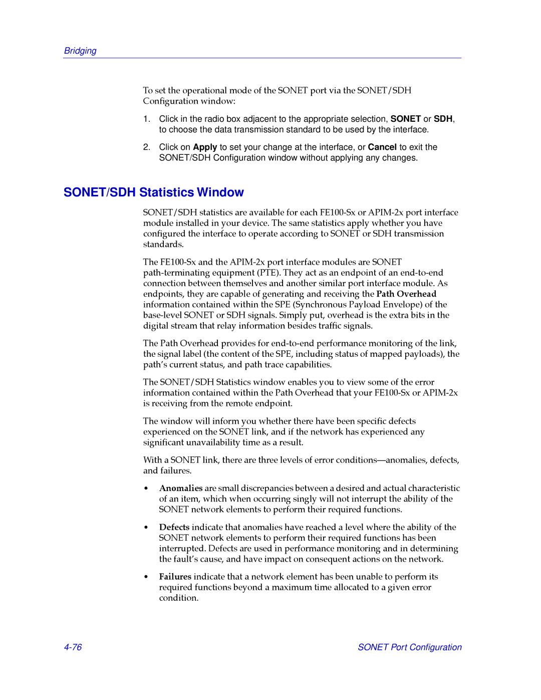 Cabletron Systems CSX400, CSX200 manual SONET/SDH Statistics Window 