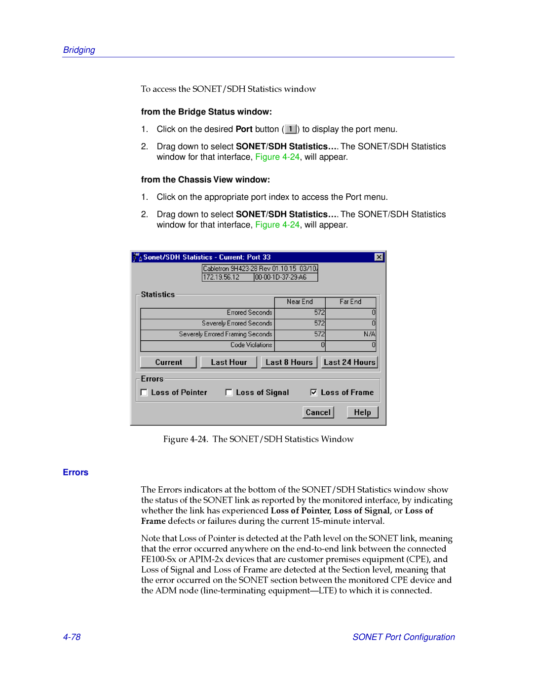 Cabletron Systems CSX400, CSX200 manual The SONET/SDH Statistics Window 