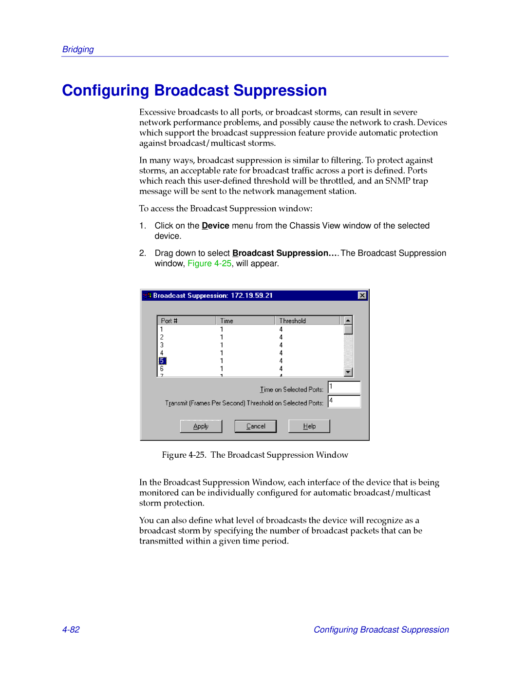 Cabletron Systems CSX400, CSX200 manual Conﬁguring Broadcast Suppression 