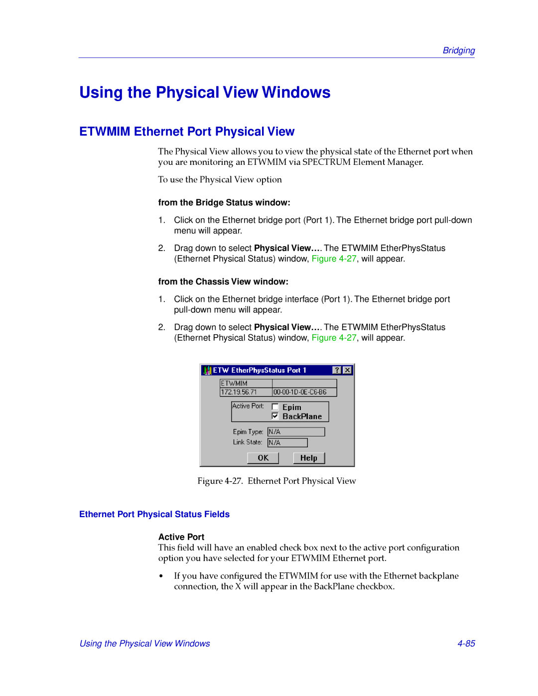 Cabletron Systems CSX200, CSX400 manual Using the Physical View Windows, Etwmim Ethernet Port Physical View, Active Port 