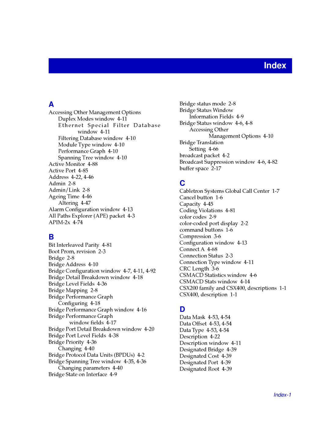 Cabletron Systems CSX200, CSX400 manual Index 