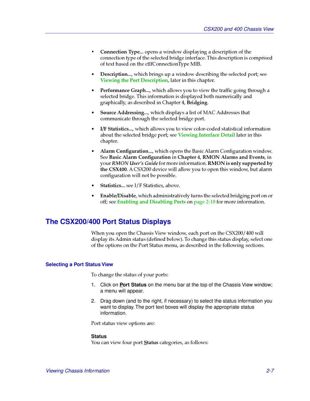 Cabletron Systems CSX400 manual CSX200/400 Port Status Displays, Selecting a Port Status View 