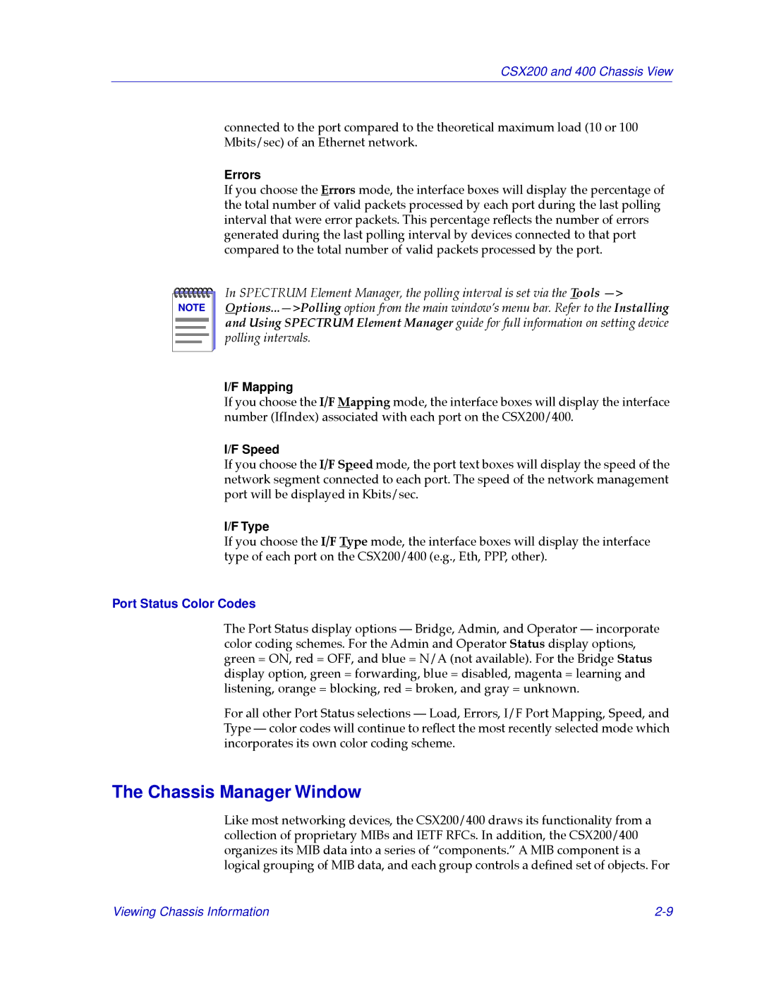 Cabletron Systems CSX200, CSX400 manual Chassis Manager Window, Port Status Color Codes 