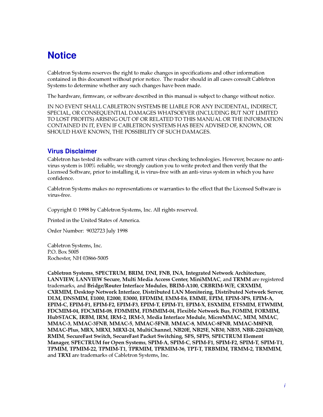 Cabletron Systems CSX200, CSX400 manual Virus Disclaimer 