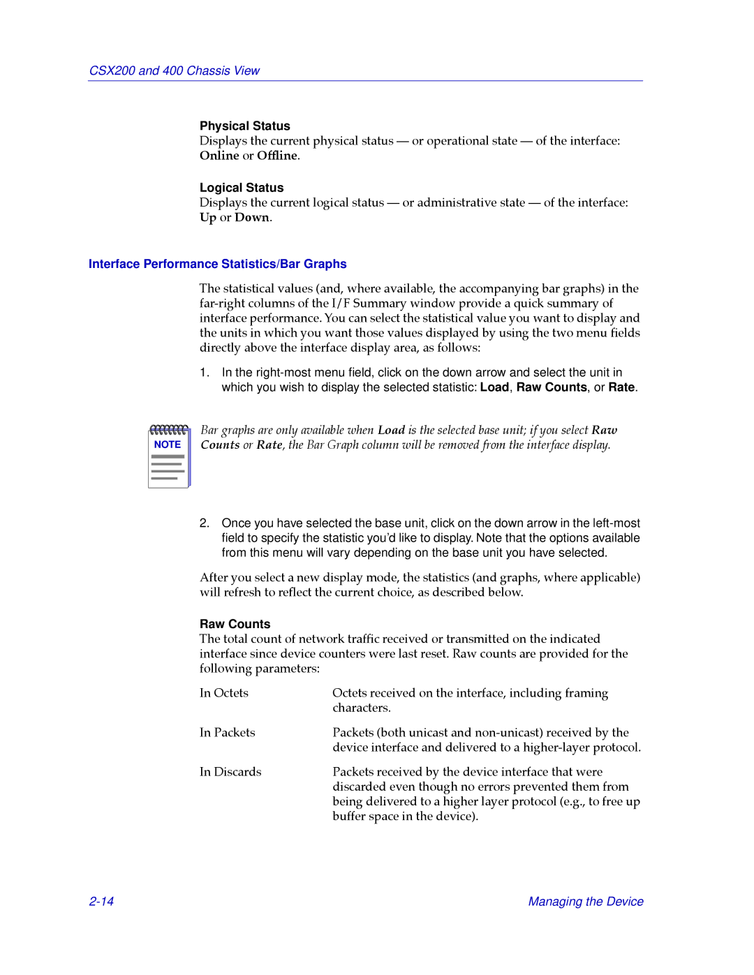 Cabletron Systems CSX400, CSX200 Physical Status, Logical Status, Interface Performance Statistics/Bar Graphs, Raw Counts 