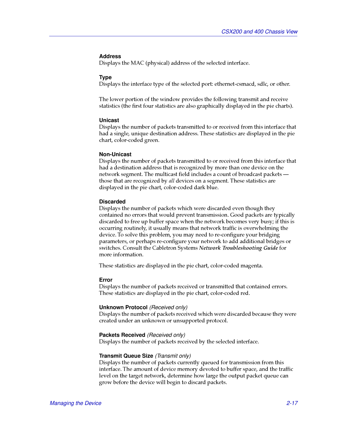 Cabletron Systems CSX200, CSX400 manual Address, Non-Unicast, Discarded, Error, Unknown Protocol Received only 