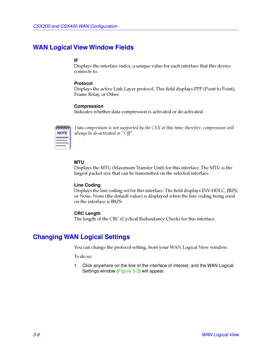 Cabletron Systems CSX400, CSX200 manual WAN Logical View Window Fields, Changing WAN Logical Settings 