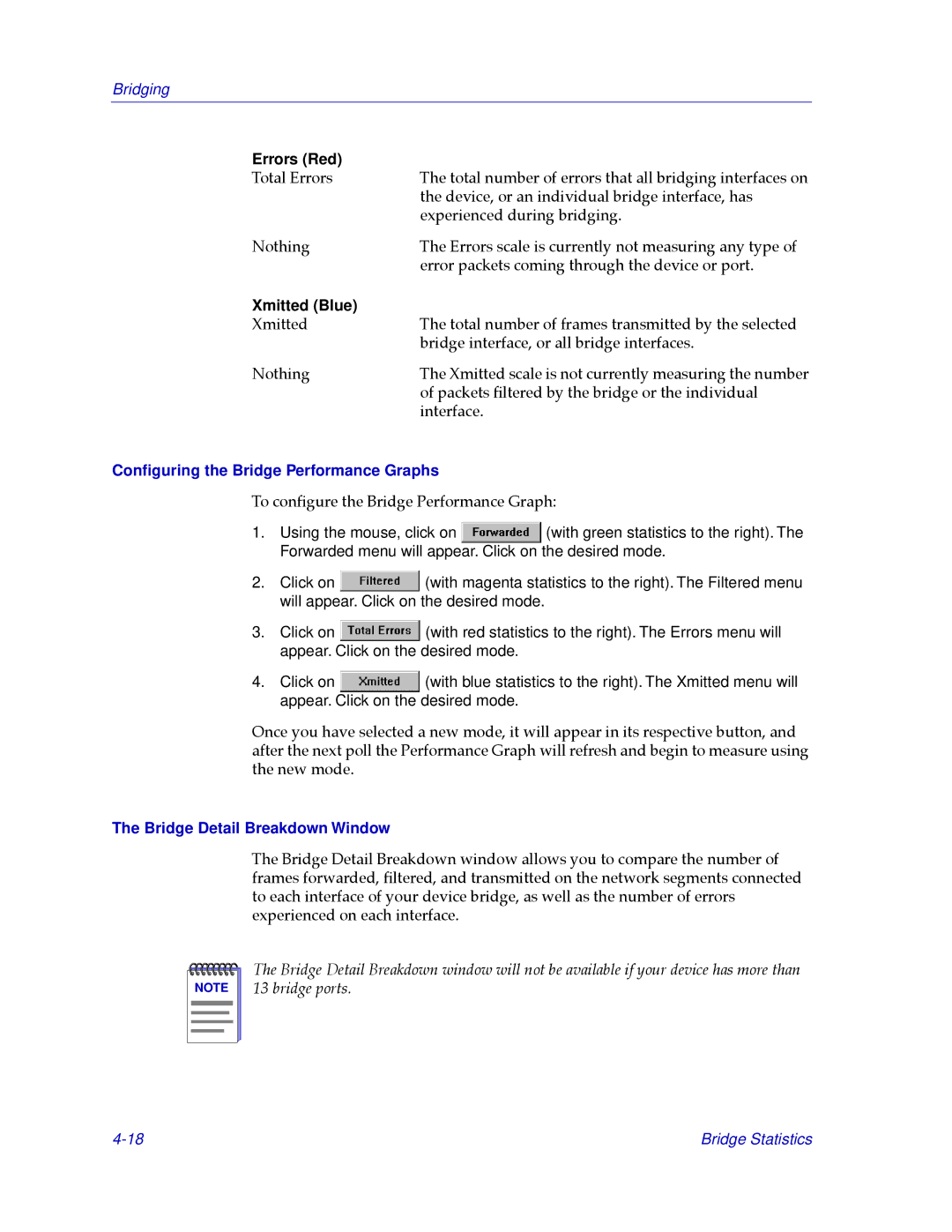 Cabletron Systems CSX400, CSX200 manual Errors Red, Xmitted Blue, Conﬁguring the Bridge Performance Graphs 